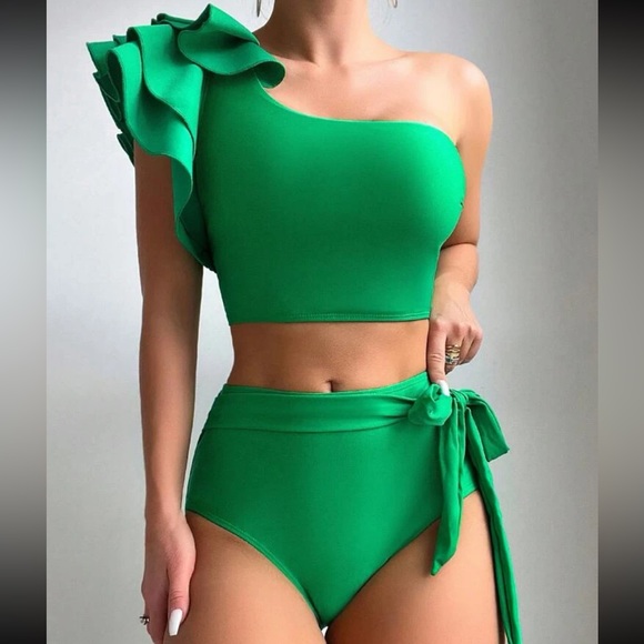 Black Swimsuit Swear wear Ruffle Trim One Shoulder Top High Waist Bottom - Picture 12 of 15